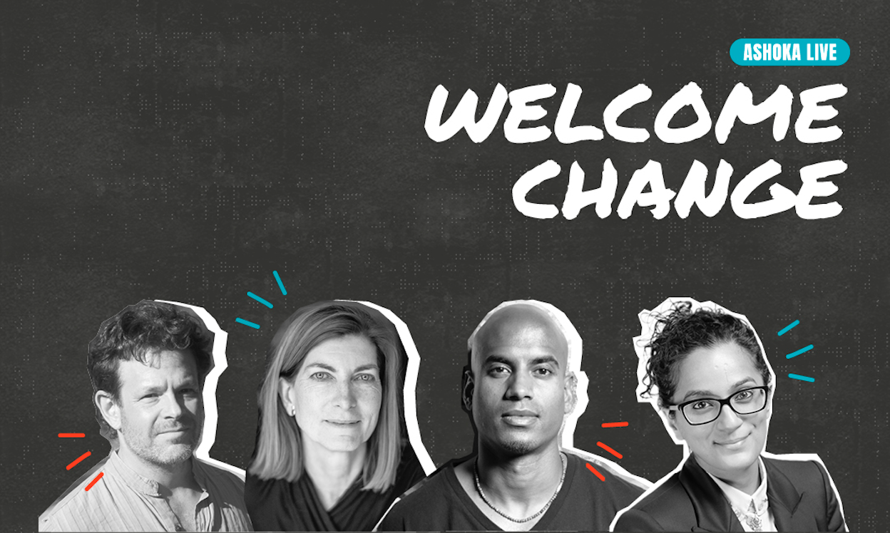 Design for Welcome Change series featuring the social entrepreneurs Rosanne Haggerty, Sonya Passi, Raj Jayadev, and David Bornstein. 