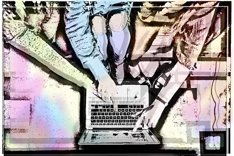 an illustration of hands pointing towards a computer
