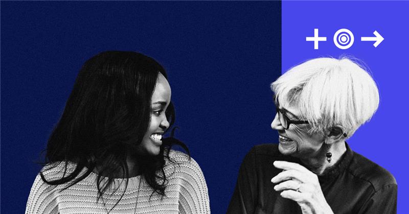 A banner image of two women, an older white woman and a younger black woman, turning towards each other and smiling in conversation. The photo has been altered to be in black and white and superimposed over a graphic background with large blue and purple blocks of color..