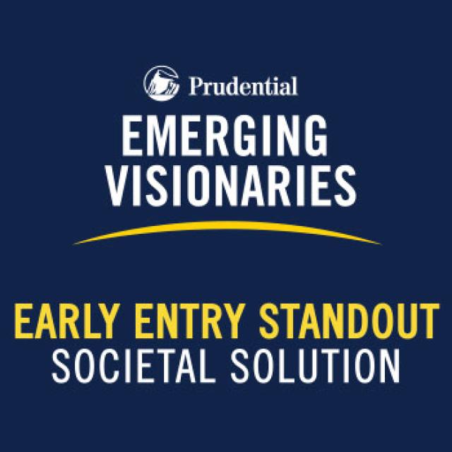 A square image with the “Prudential Emerging Visionaries” logo and the text “Early Entry Standout Societal Solution” below it, all centered in a navy blue background.