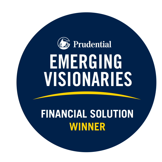 A circle badge in Prudential Emerging Visionaries dark blue, with the Prudential logo across the top. The text reads "Emerging Visionaries" in large block text. Below reads "Financial Solution Winner".