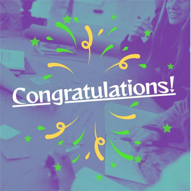 A blurred image that has been posterized into the Ambition Accelerator brand colors of teal and purple. Its unclear what the photo depicts, but there are hands coming in from out of frame writing on paper. Overlayed on the photo is text celebrating "Congratulations" with festive graphics around it.