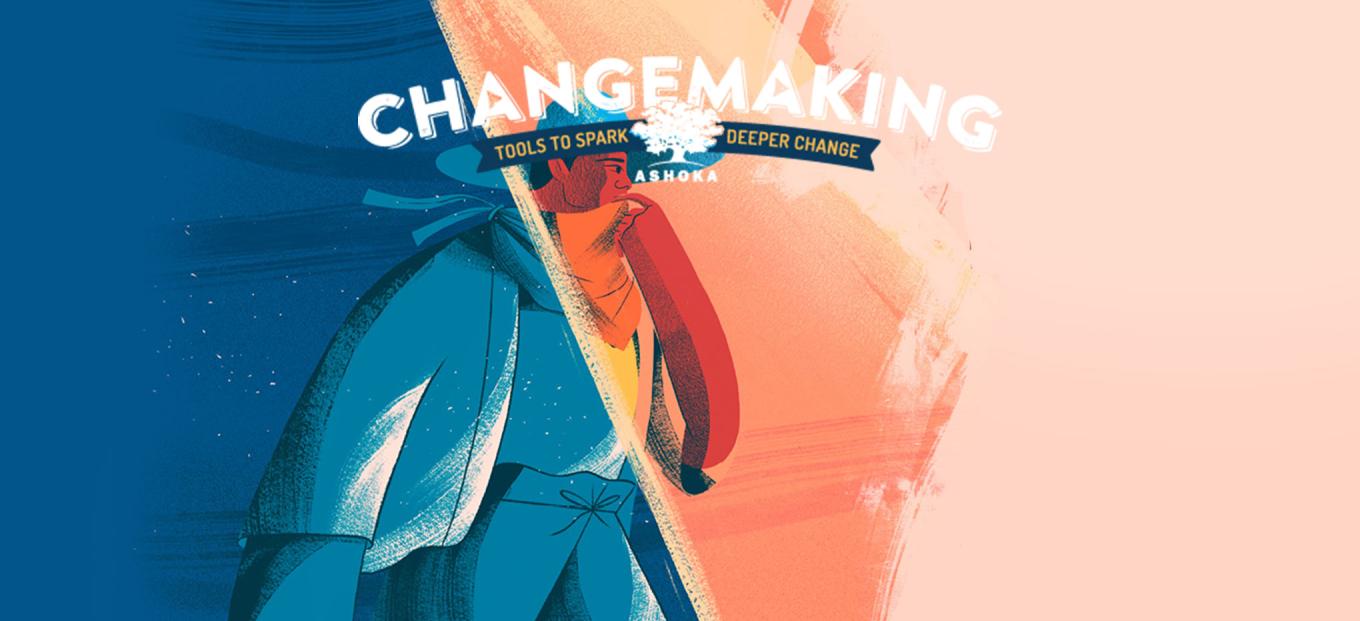 A stylized illustration of a man in a contemplative pose looking to the right. The image is split in the middle, the left half appears shadowy, in dark blue hues, while the right is lit and bright. The top of the banner has a logo that reads Changemaking Tools to Spark Deeper Change accompanied by the Ashoka logo.
