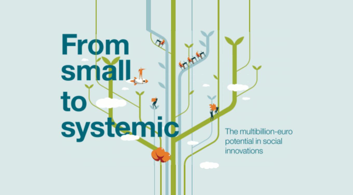 A graphic image with lines growing upward and branching like a tree. The text reads "From small to systemic, The multi-billion-euro potential in social innovations"